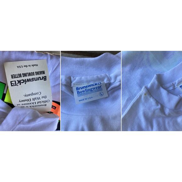 L NOS 90s Single Stitch Mickey Mouse Bowling T-shirt Brunswick Vintage white - Picture 3 of 3